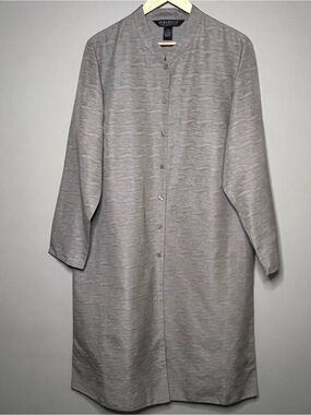Dialogue Textured Silk Long Jacket Women Large Tan Mandarin Collar Lagenlook